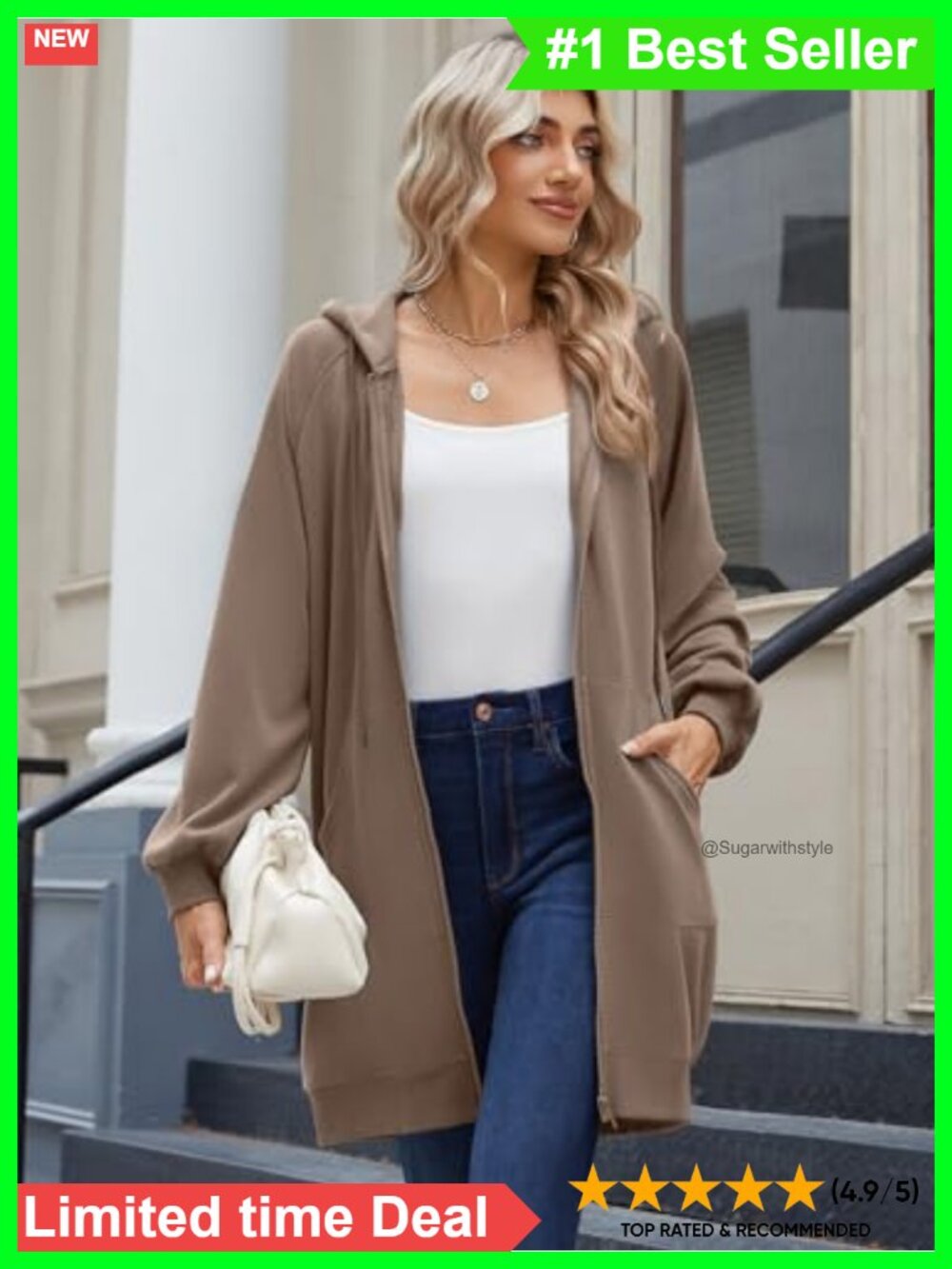 Women's Zip Up Hoodie Long Sleeve Tunic Sweatshirt Oversized - Picture 4 of 6